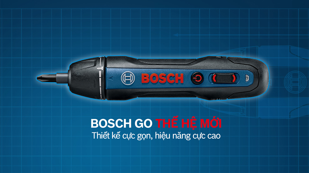 Bút Bosch GO màu đen và xanh dương trên nền lưới. Thiết kế hiện đại, tiện dụng.