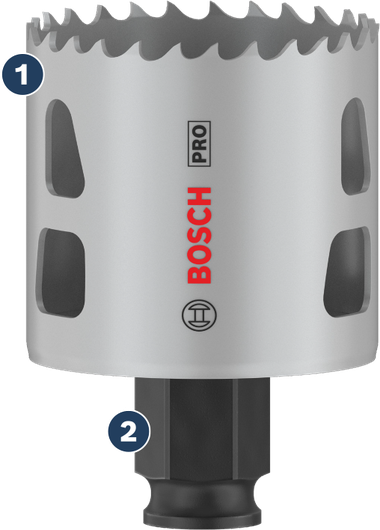 Máy cưa lỗ Bosch có răng cacbua giúp cắt nhanh.