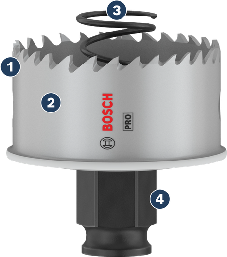 Máy cưa lỗ Bosch có răng cacbua và bộ chuyển đổi thay đổi nhanh.