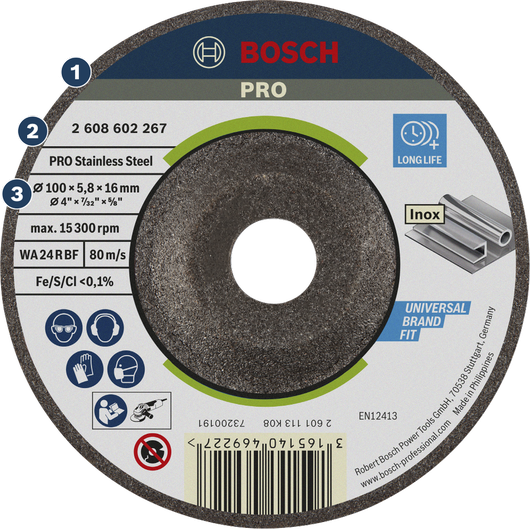 Đĩa mài Bosch PRO bằng thép không gỉ, kích thước 100 x 6 x 16 mm.