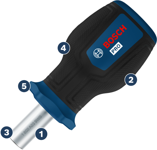 Tua vít đầu ngắn Bosch PRO với tay cầm tiện dụng.
