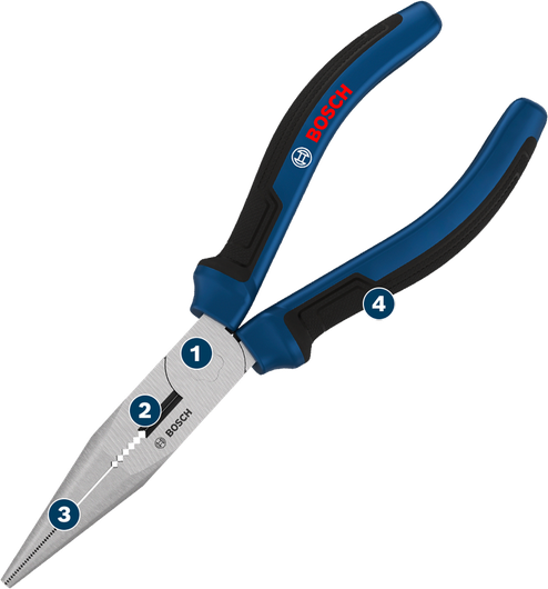 Kìm mũi dài Bosch 180 mm với tay cầm nhiều thành phần.