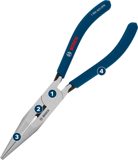 Kìm mũi dài Bosch 180 mm với tay cầm chống trượt.