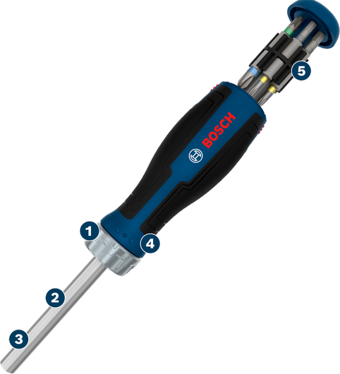 Bộ tua vít có cần siết Bosch kèm hộp chứa 12 mũi vít.