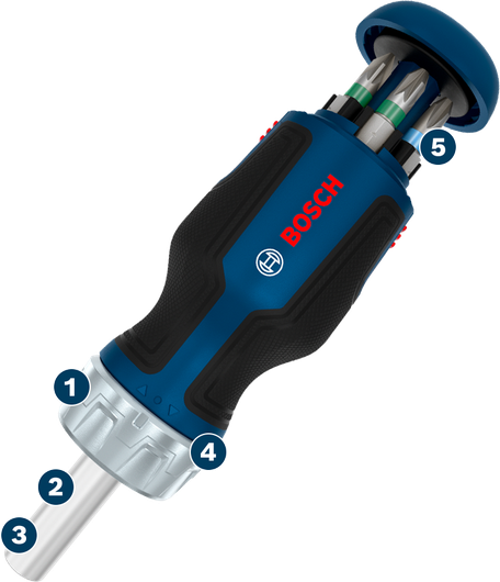 Bộ tua vít có tay cầm ngắn Bosch kèm 6 đầu vít.