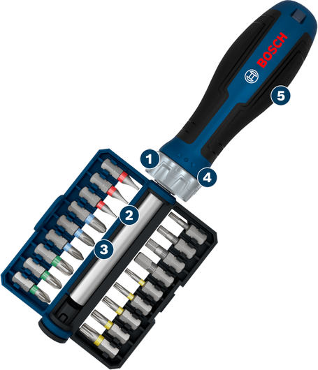 Bộ tua vít và cần siết 20 chi tiết Bosch với tay cầm tiện dụng.