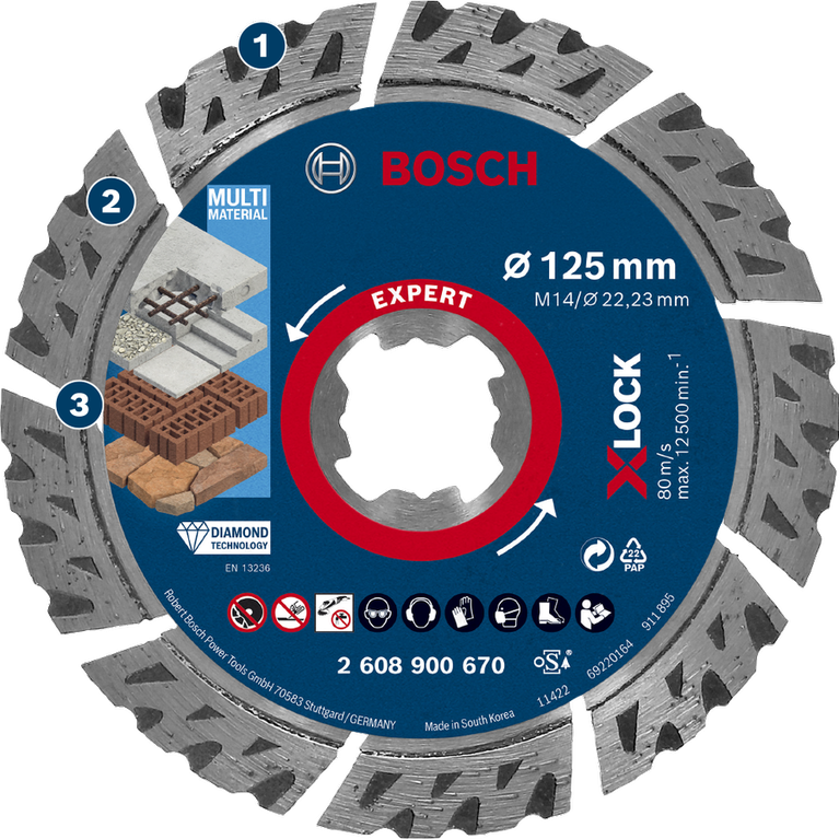 Cắt vật liệu xây dựng với độ bền cao Đĩa cắt kim cương đa vật liệu Bosch Expert X-LOCK 125mm.