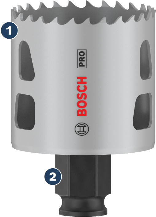 Máy cưa lỗ Bosch có răng cacbua giúp cắt nhanh.