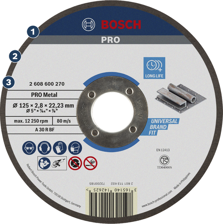 Đĩa cắt kim loại Bosch PRO dùng để mài kim loại lâu dài.