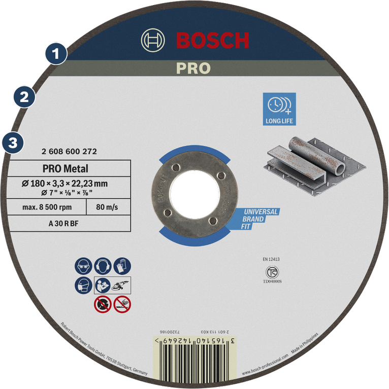 Đĩa cắt kim loại Bosch PRO có tuổi thọ cao và phù hợp với mọi loại máy.