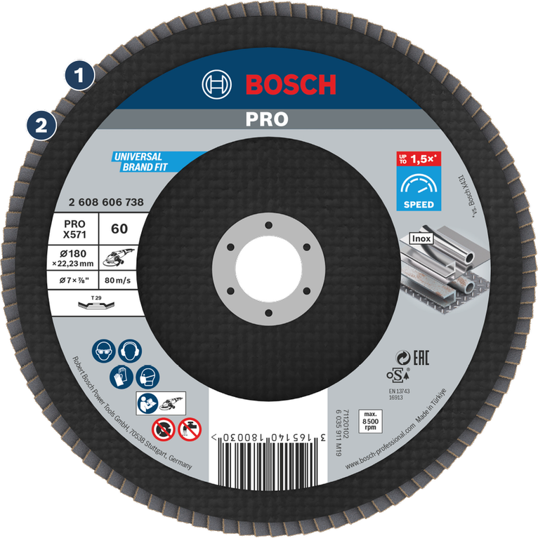 Đĩa mài Bosch PRO X571, độ nhám 60 để mài kim loại.
