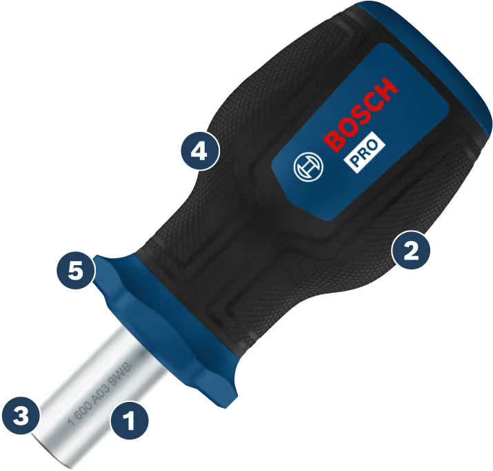 Tua vít đầu ngắn Bosch PRO với tay cầm tiện dụng.