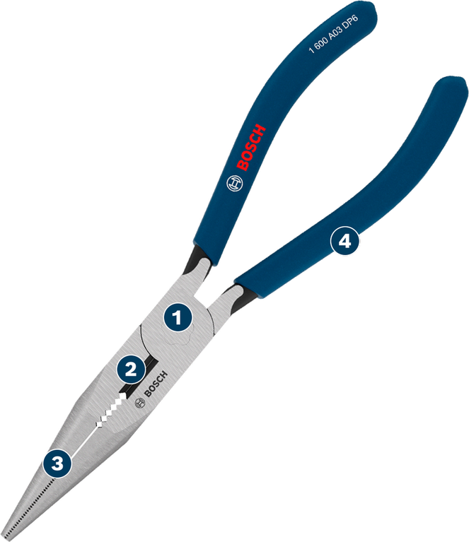 Kìm mũi dài Bosch 180 mm với tay cầm chống trượt.