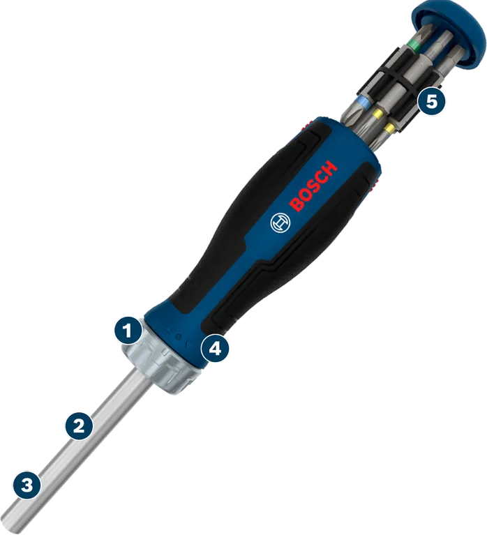 Bộ tua vít có cần siết Bosch kèm hộp chứa 12 mũi vít.