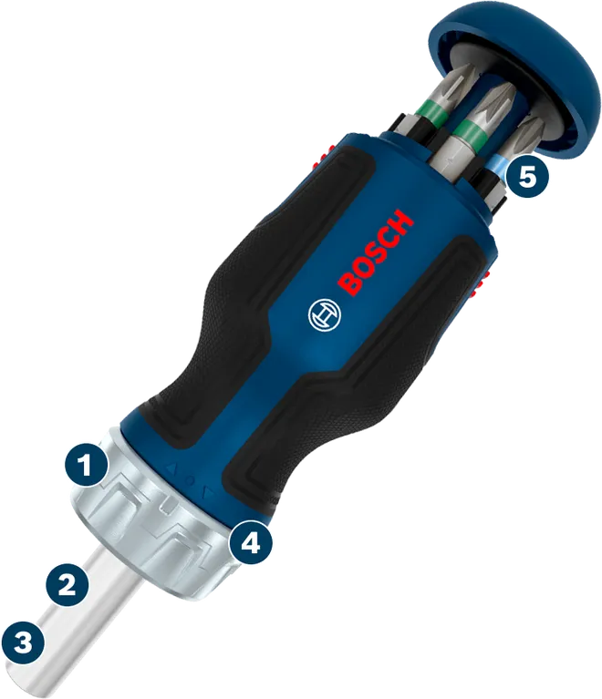 Bộ tua vít có tay cầm ngắn Bosch kèm 6 đầu vít.