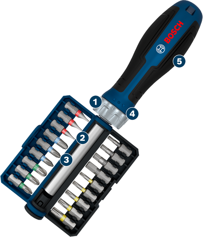 Bộ tua vít và cần siết 20 chi tiết Bosch với tay cầm tiện dụng.