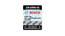 Nhãn chống giả của Bosch, nền đen, logo màu xanh và trắng, thông tin sản phẩm.