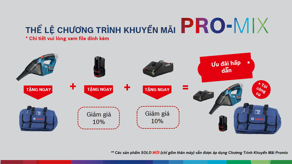 Hình ảnh sản phẩm Bosch Professional với máy hút bụi, pin và túi công cụ.