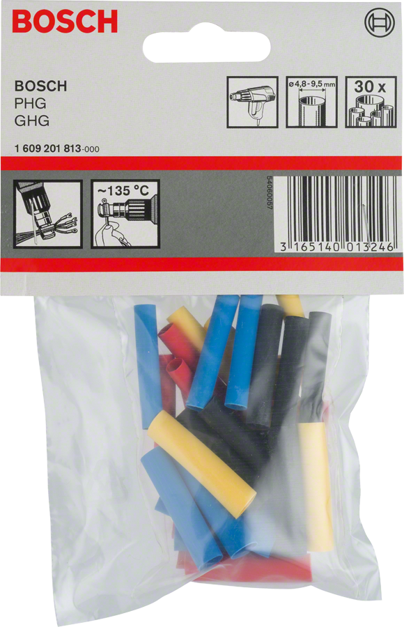 Bộ ống nhựa co nhiệt Bosch 4.8–9.5 mm, nhiều kích cỡ.