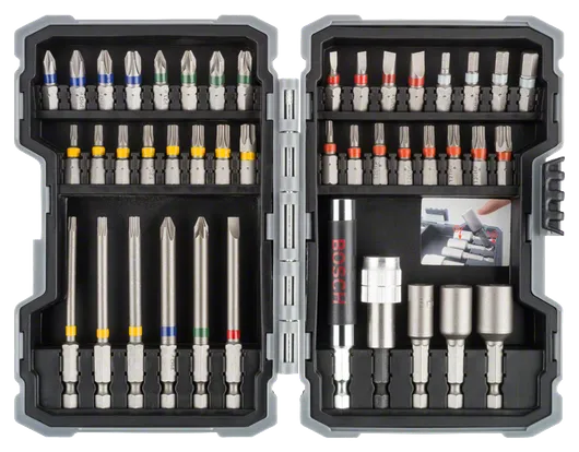 Bộ tua vít bắt vít Bosch 43 chi tiết với các đầu vít được mã hóa màu.