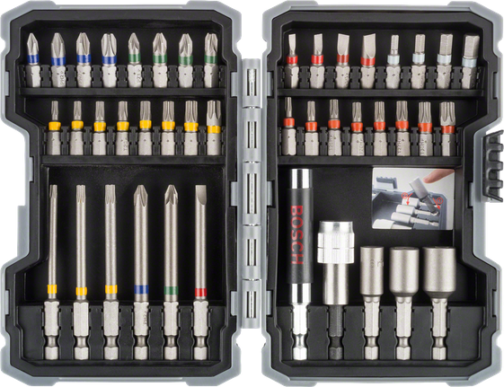 Bộ tua vít bắt vít Bosch 43 chi tiết với các đầu vít được mã hóa màu.