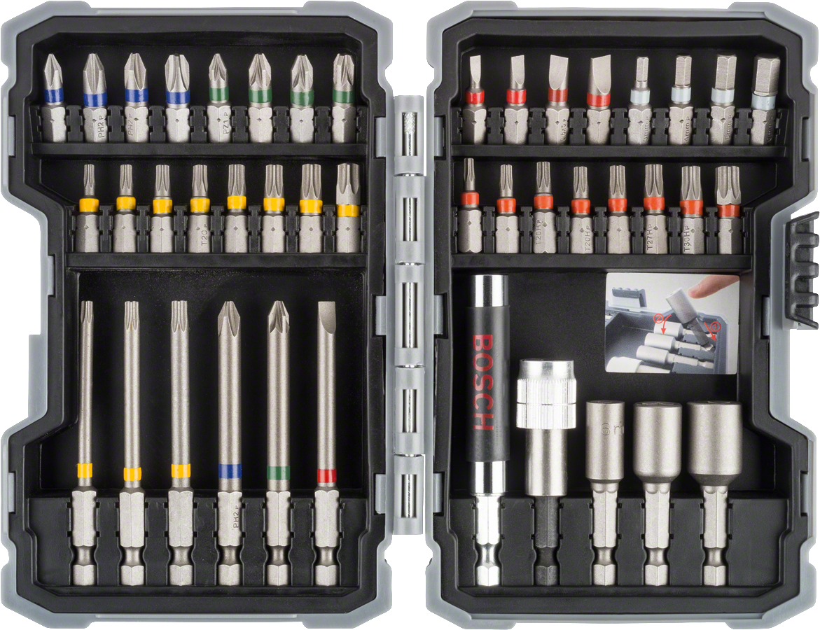 Bộ tua vít bắt vít Bosch 43 chi tiết với các đầu vít được mã hóa màu.