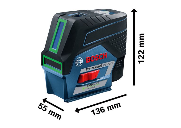 Máy cân bằng laser Bosch GCL 2-50 CG kết hợp với tia laser màu xanh lá cây.