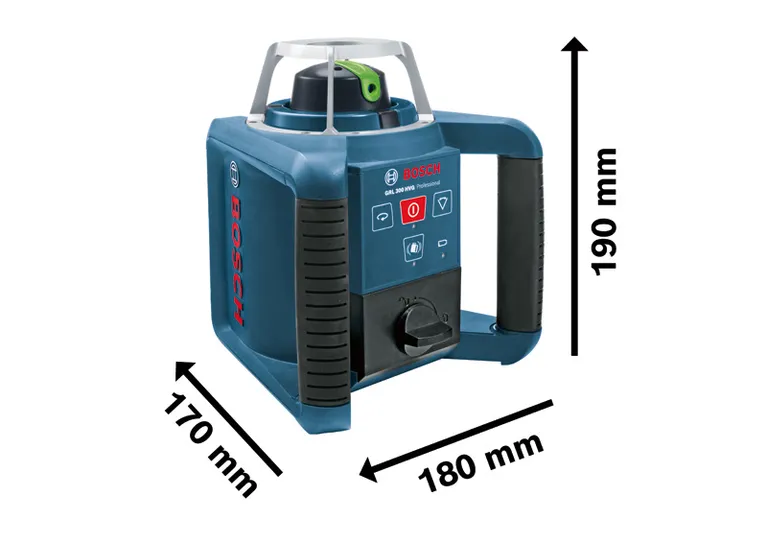 Máy cân bằng laser xoay Bosch GRL 300 HVG với kích thước cụ thể.