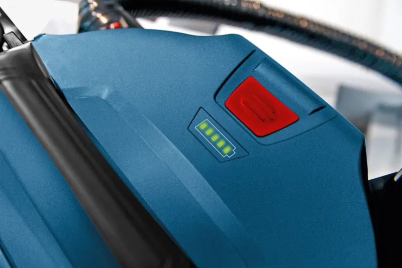 GAS 18V-10 L Đèn báo pin trên máy hút bụi không dây màu xanh hiển thị mức pin đầy.