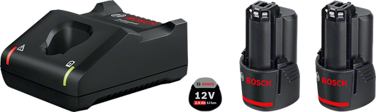 Bộ khởi động Bosch 12V 2.0Ah kèm bộ sạc và hai cục pin.