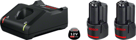 Bộ khởi động Bosch 12V kèm bộ sạc và hai cục pin.