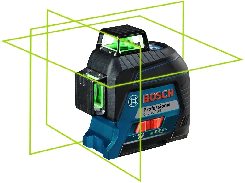 Máy cân bằng laser Bosch GLL 3-60 XG có vạch màu xanh lá cây.
