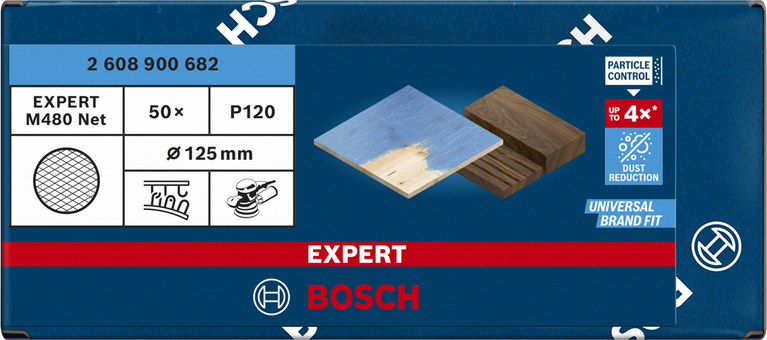 Lưới chà nhám EXPERT M480 cho máy chà nhám quỹ đạo ngẫu nhiên 125 mm, G 120 50 chiếc Lưới chà nhám Bosch EXPERT M480 125 mm P120 50 chiếc.