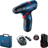 Bộ máy khoan không dây Bosch GSR 120-LI kèm pin và hộp đựng.