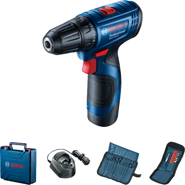 Bộ máy khoan không dây Bosch GSR 120-LI kèm phụ kiện.
