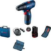 Bộ máy khoan không dây Bosch GSR 120-LI kèm phụ kiện.