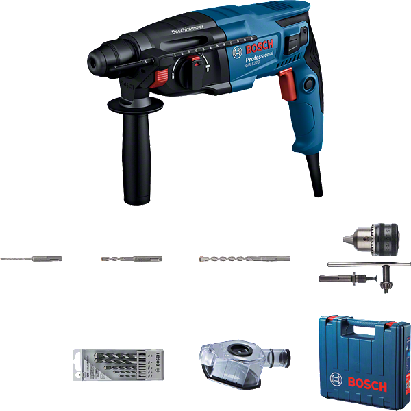 Máy khoan búa Bosch GBH 220 kèm mũi khoan và hộp đựng.