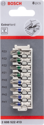 Bộ mũi tua vít Pick & Click Extra Hard, 8 chiếc, 1xPH1;2xPH2;1xPH3;1xPZ1;2xPZ2;1xPZ3 Bộ tua vít Bosch Pick and Click 8 đầu cực cứng.