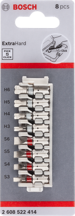 Bộ mũi tua vít Pick & Click Extra Hard, 8 chiếc, 1xS3;1xS4;1xS5;1xS6;1xH3;1xH4;1xH5;1xH6 Bộ tua vít Bosch Pick and Click Extra Hard 8 món.
