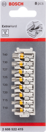 Bộ mũi tua vít Pick & Click Extra Hard, 8 chiếc, 1xT10;1xT15;2xT20;1xT25;1xT27;1xT30;1xT40 Bộ tua vít Bosch Pick and Click Extra Hard 8 món.