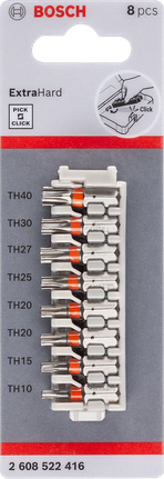 Bộ mũi tua vít Pick & Click Extra Hard, 8 chiếc, 1xTH10;1xTH15;2xTH20;1xTH25;1xTH27;1xTH30;1xTH40 Bộ mũi khoan Torx siêu cứng Bosch Pick and Click 8 chi tiết.