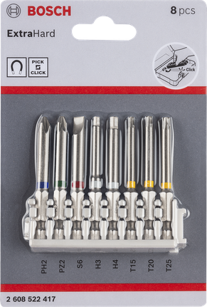 Bộ mũi tua vít Pick & Click Extra Hard, 8 chiếc, 1xPH2;1xPZ2;1xS6;1xH3;1xH4;1xT15;1xT20;1xT25 Bộ tua vít Bosch Pick and Click Extra Hard 8 món.