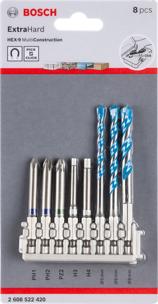 Bộ hỗn hợp mũi tua vít Pick & Click Extra Hard và mũi khoan MultiConstruction, 8 chiếc Bộ tua vít và mũi khoan 8 món Pick & Click Bosch .