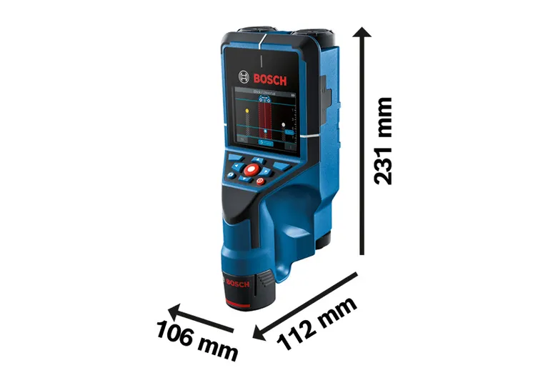 Máy quét tường Bosch D-tect 200 C có màn hình và kích thước.