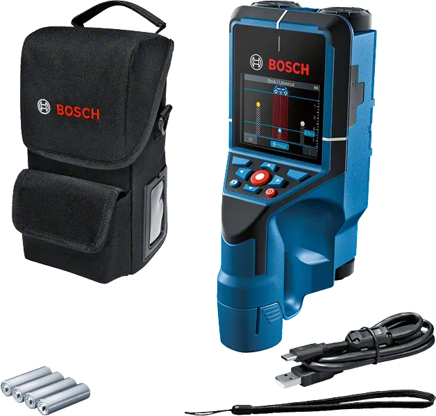 Máy quét tường Bosch D-Tect 200 C kèm hộp đựng và phụ kiện.