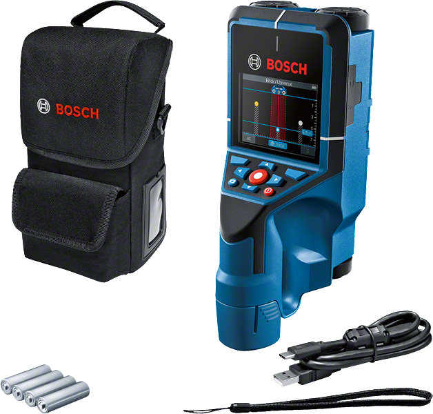 Máy quét tường Bosch D-Tect 200 C kèm hộp đựng và phụ kiện.