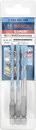 Bộ mũi khoan EXPERT HEX-9 MultiConstruction 5/6/8 mm, 3 chiếc Bộ mũi khoan Bosch HEX-9 MultiConstruction 5/6/8 mm.