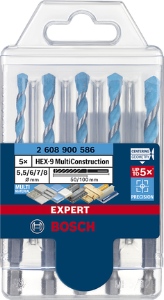 Bộ mũi khoan EXPERT HEX-9 MultiConstruction 5,5/6/6/7/8 mm, 5 chiếc Bộ mũi khoan Bosch HEX-9 MultiConstruction 5 chiếc.