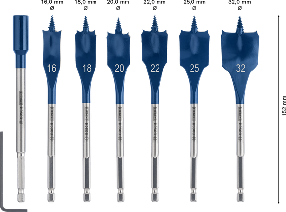 Bộ mũi khoan đuôi cá EXPERT Self Cut Speed 16/18/20/22/25/32 mm, 7 chi tiết Bộ mũi khoan xẻng tự cắt tốc độ Bosch EXPERT 7 món.