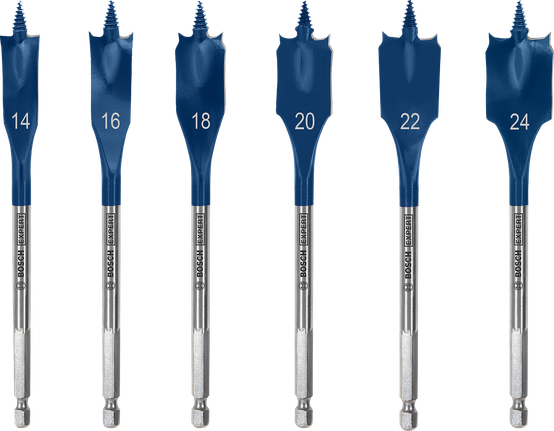 Bộ mũi khoan đuôi cá EXPERT Self Cut Speed 14/16/18/20/22/24 mm, 6 chiếc Bộ mũi khoan xẻng tự cắt tốc độ Bosch EXPERT gồm 6 mũi.